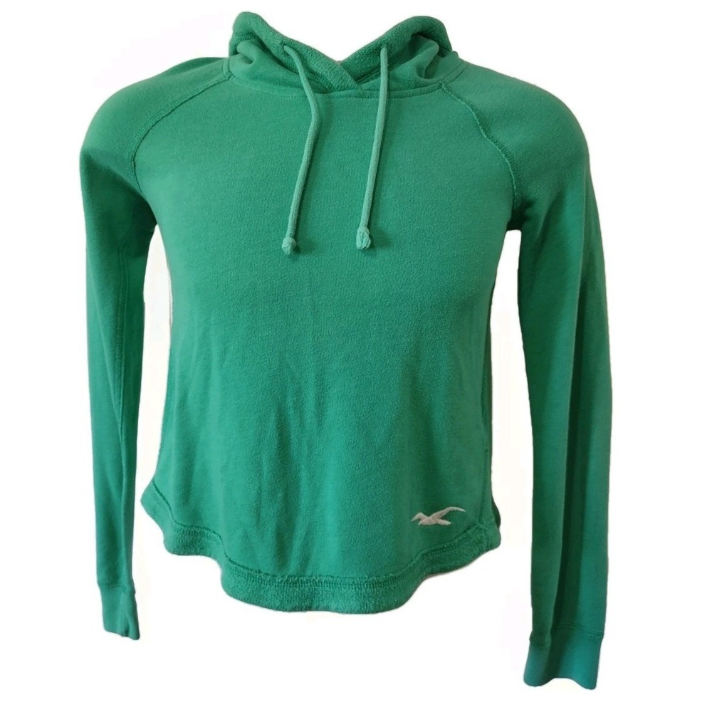 Hollister Cropped Hoodie Women's Size Medium Embroidered Logo Open Back Green